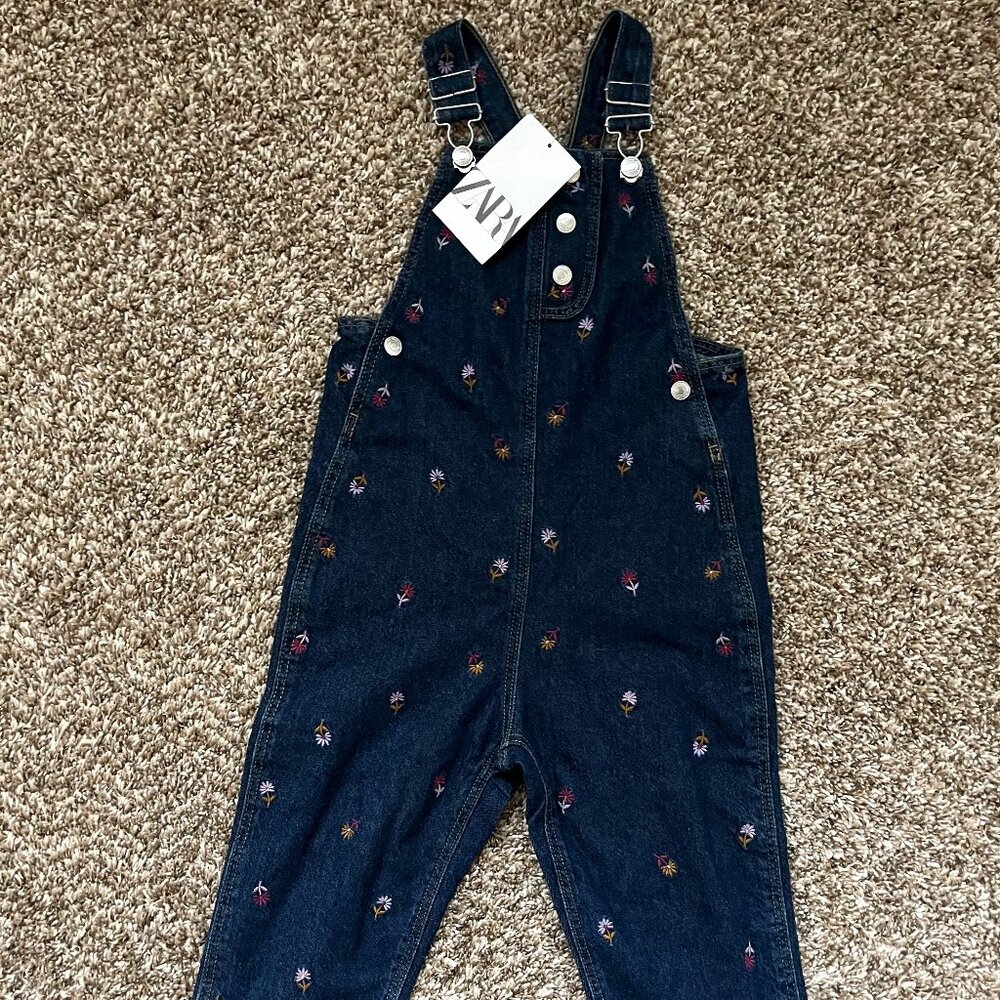 NEW ZARA Kids - Girls Floral Embroidery Denim Overalls - Size 5T